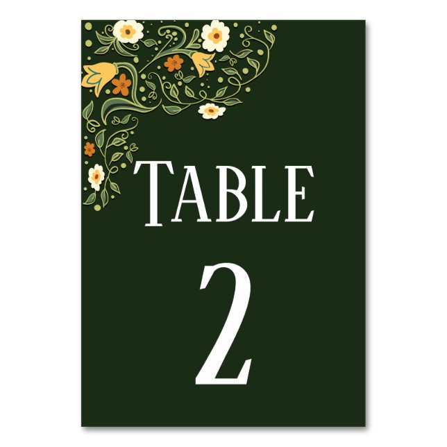 Green Floral Wedding Table Card Tischnummer (Vorderseite)