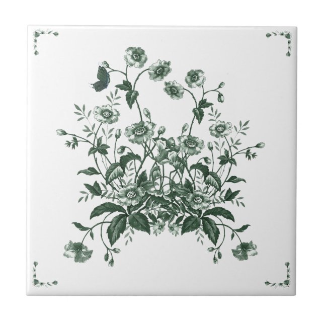 Green Flower Bush Toile Inspired Decorative Tile Fliese (Vorderseite)