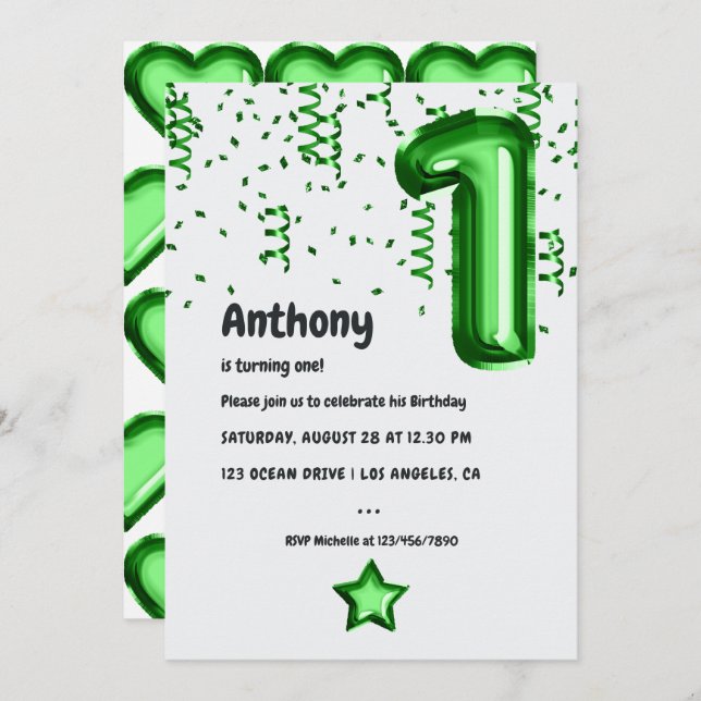 Green Foil Ballon 1. Geburtstag Einladung (Vorne/Hinten)