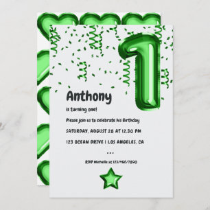 Green Foil Ballon 1. Geburtstag Einladung