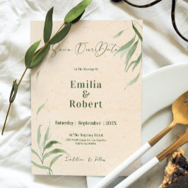Green Foliage, Beige Craft Paper, Save The Date Einladung