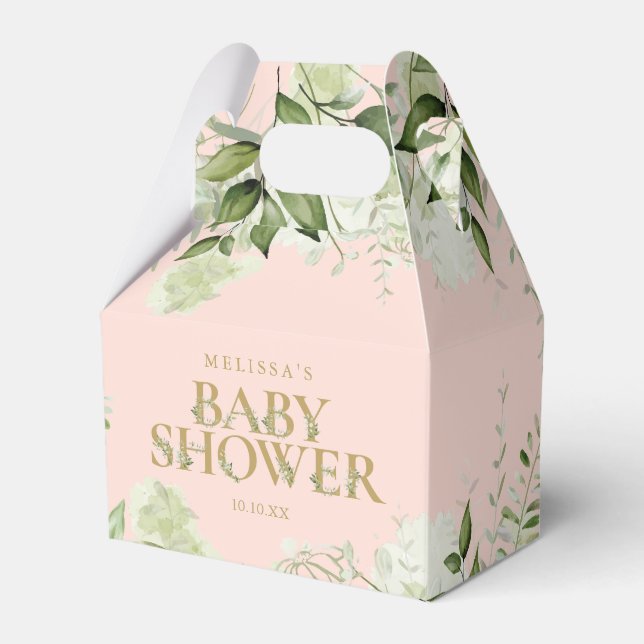 Green Foliage Blush Pink Gold Baby Dusche Geschenkschachtel (Vorderseite)