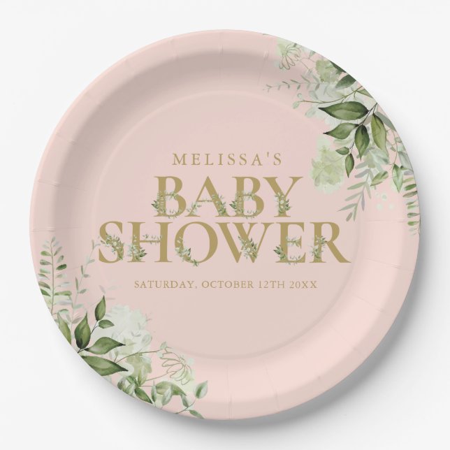 Green Foliage Blush Pink Gold Baby Dusche Pappteller (Vorderseite)