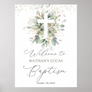 Green Foliage Cross Baby Taufplakat Poster