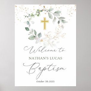 Green Foliage Cross Baby Taufplakat Poster