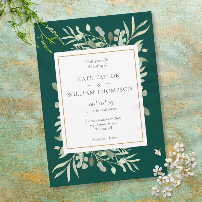 Green Foliage Emerald Gold Wedding Einladung (Von Creator hochgeladen)
