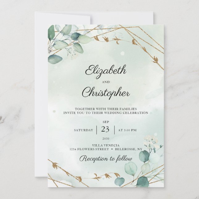 Green Foliage Eucalyptus Gold Frame Wedding Einladung (Vorderseite)