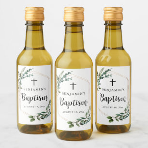 Green Foliage Gold Cross Baptism Wine Label Weinetikett