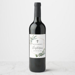 Green Foliage Gold Cross Baptism Wine Label Weinetikett