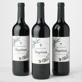Green Foliage Gold Cross Baptism Wine Label Weinetikett
