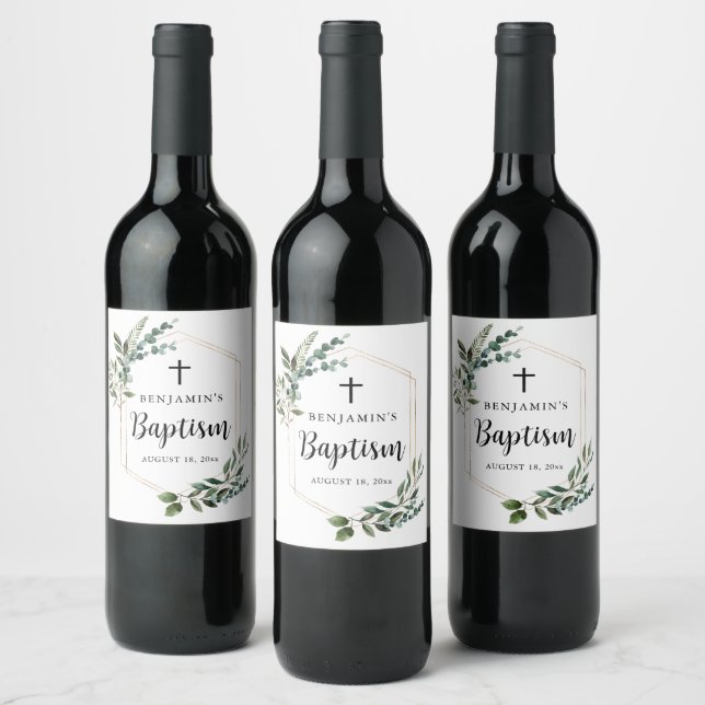 Green Foliage Gold Cross Baptism Wine Label Weinetikett (Flaschen)
