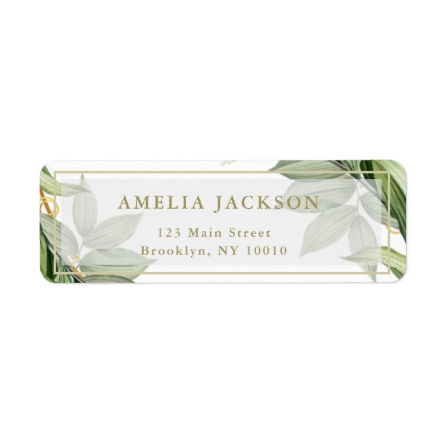 Green Foliage Gold Modern Return Address Label (Vorne)