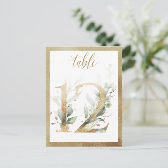 Green Foliage Gold Tischnummern, Tabelle 12 Card Postkarte (Stehend Vorderseite)
