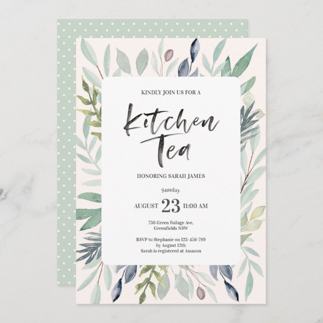 Green Foliage Kitchen Tee Party Einladung (Vorne/Hinten)