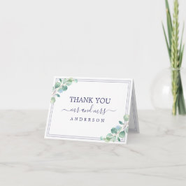 Green Foliage Navy Blue Border Wedding Foto Dankeskarte