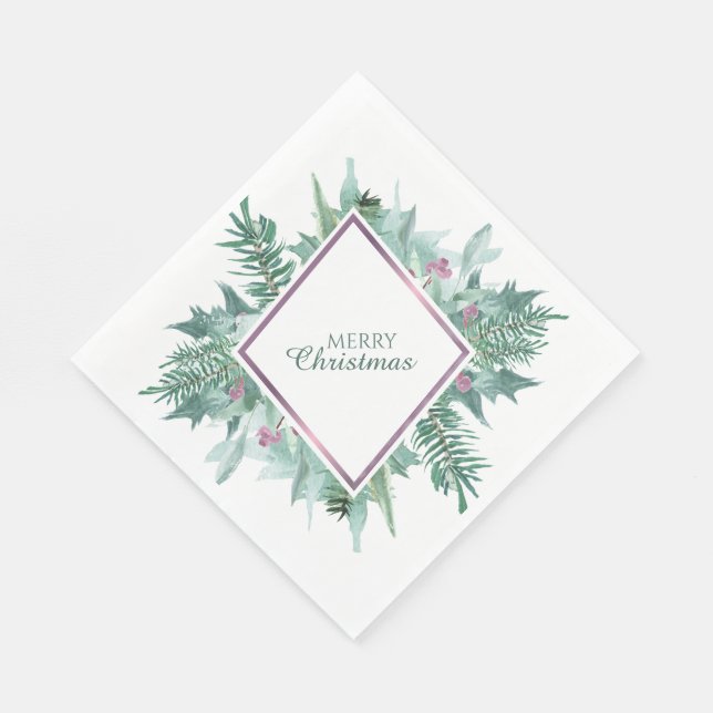 Green Foliage Pink Berry Violet Rahmen Weihnachten Serviette (Ecke)
