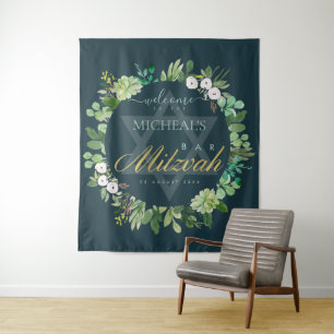GREEN FOLIAGE WATERCOLOR STAR BAR MITZVAH WILLKOMM WANDTEPPICH