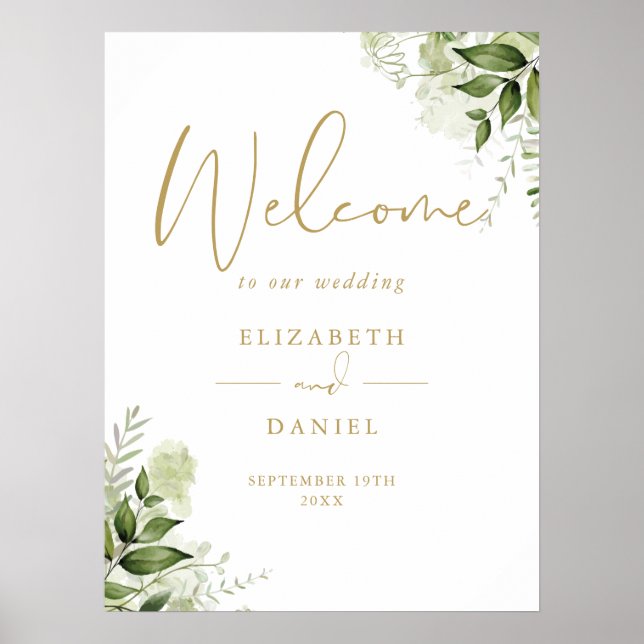 Green Foliage Wedding Gold Willkommenszeichen Poster (Vorne)