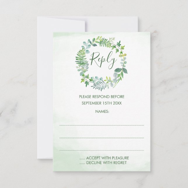 Green Foliage Wreath Reply Cards RSVP Karte (Vorderseite)
