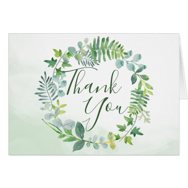 Green Foliage Wreath Watercolor Vielen Dank (Vorderseite (Horizontal))