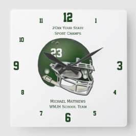 Green Football Helmet Name and School Clock Quadratische Wanduhr