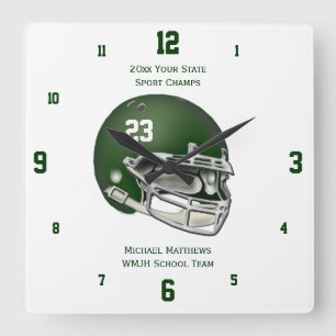 Green Football Helmet Name and School Clock Quadratische Wanduhr