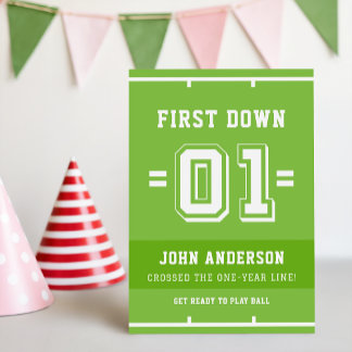 Green Football Themed Boy First Birthday Party Einladung