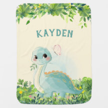 Green Forest Watercolor Dinosaur Baby Blanket