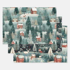 Green Forest Winter Village Geschenkpapier Set