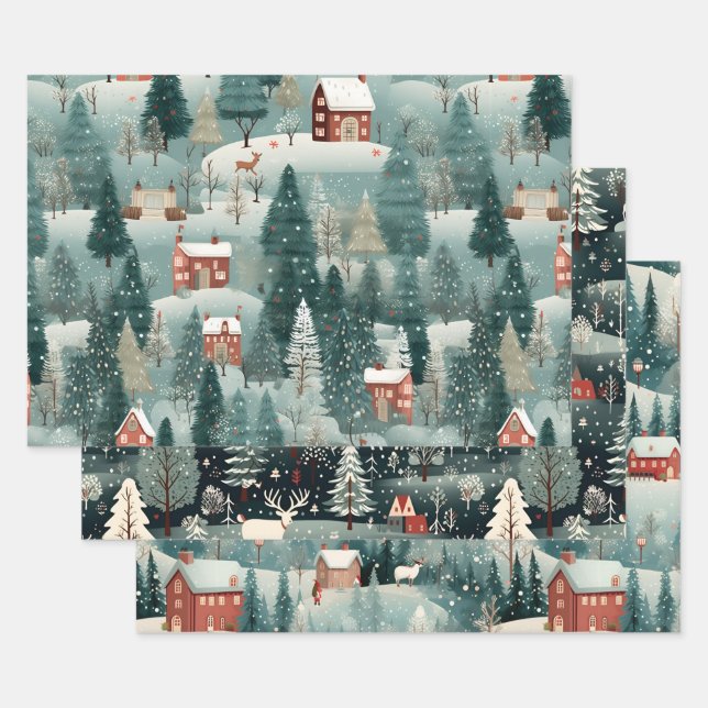 Green Forest Winter Village Geschenkpapier Set (Set)