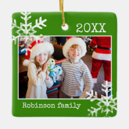 Green Foto Border White Snowflakes Holiday Keramikornament