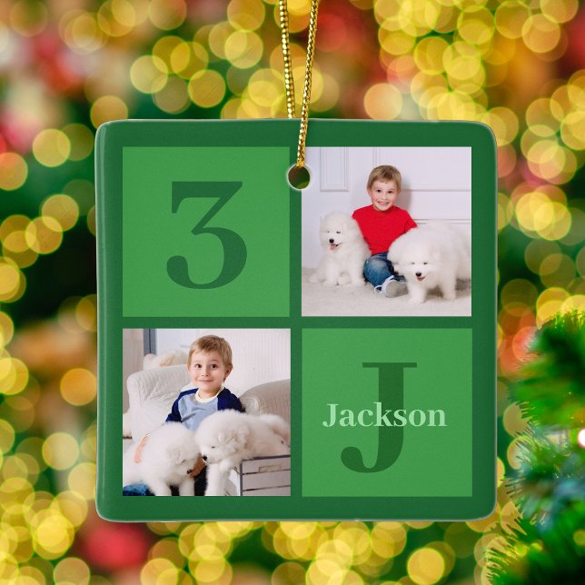 Green Foto Collage Personalisiert Kids Weihnachten Keramikornament (Von Creator hochgeladen)