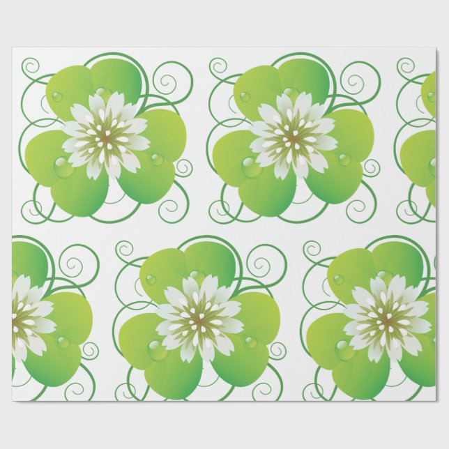 Green Four Leaf Clover with White Floral Bloom Geschenkpapier (Flach)