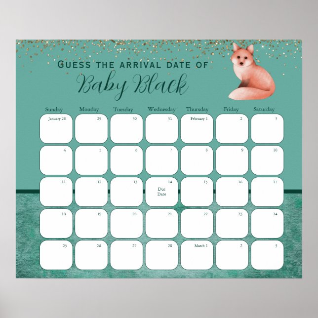 Green Fox Babydusche schätzt den Fälligkeitsdatum Poster (Vorne)