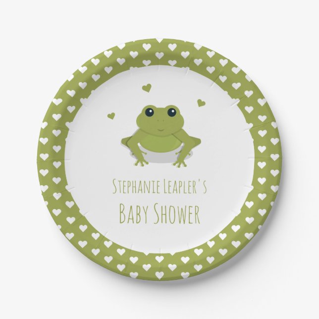 Green Frog Hearts Name Baby Shower Pappteller (Vorderseite)