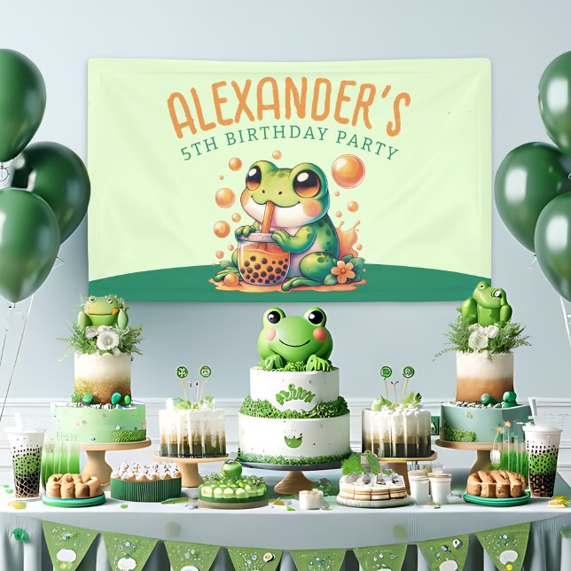 Green Frog und Orange Boba Bubble Tee Party Banner (Von Creator hochgeladen)