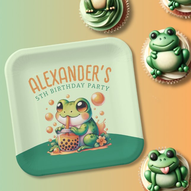 Green Frog und Orange Boba Bubble Tee Party Pappteller (Von Creator hochgeladen)
