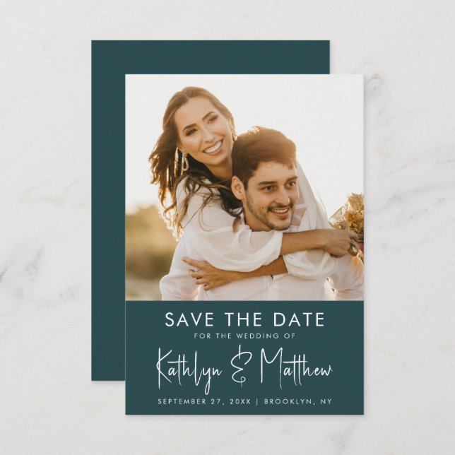 Green Fun Script Modernes Foto Minimalistisch Hoch Save The Date (Vorne/Hinten)
