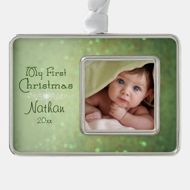 Green Funkelnd Baby's First Christmas Rahmen-Ornament Silber (Vorderseite)