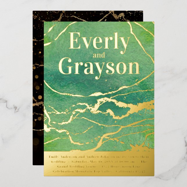 Green Galaxy Agate Marble Gold Wedding Folieneinladung (Vorderseite/Rückseite)