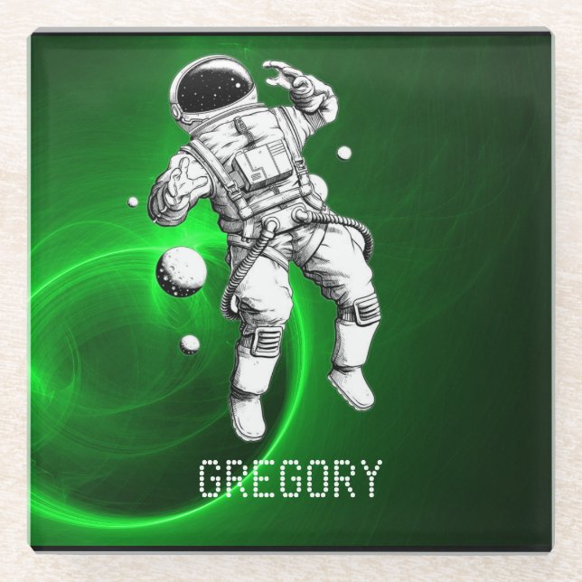 Green Galaxy Astronaut Personalisiert Glasuntersetzer (Vorderseite)