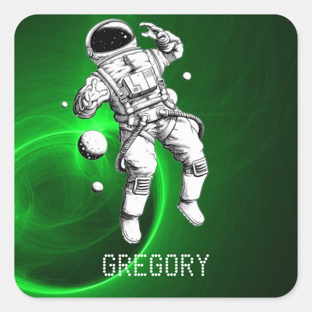 Green Galaxy Astronaut Personalisiert Quadratischer Aufkleber (Vorderseite)