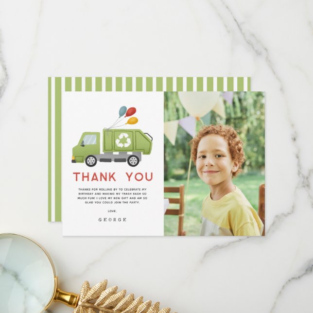 Green Garbage Trash Truck Boys Birthday Dankeskarte (Vorderseite/Rückseite Beispiel)