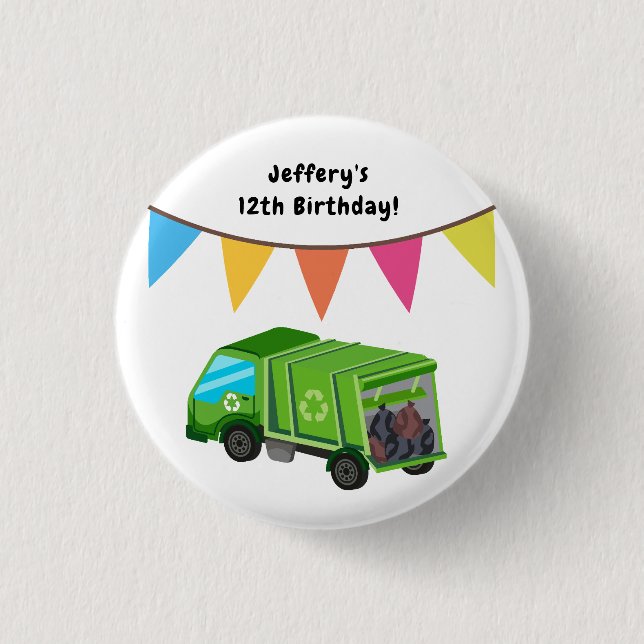 Green Garbage Truck - Geburtstag eines Kindes Button (Vorderseite)