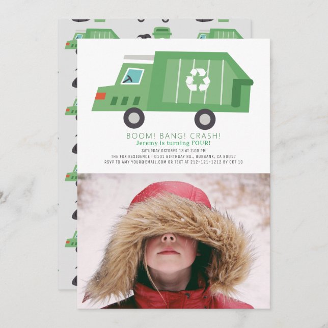 Green Garbage Truck Recycle Boy Foto Geburtstag Einladung (Vorne/Hinten)