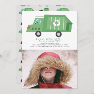 Green Garbage Truck Recycle Boy Foto Geburtstag Einladung