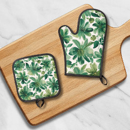 Green Garden Floral Botanical Watercolor Painting Ofenhandschuh & Topflappen-Set