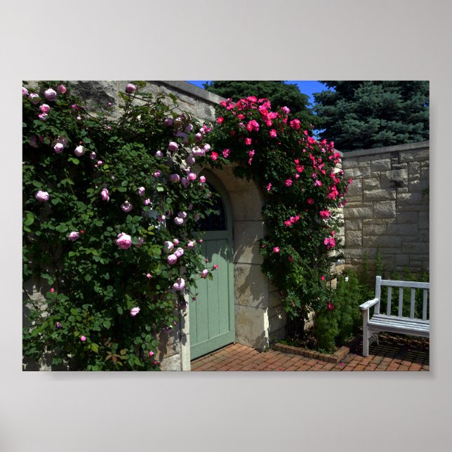 Green Garden Gate with Bench, 7 x 5 cm Poster (Vorne)