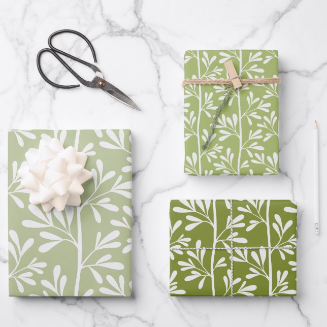 Green Garden Stems Bright Modern Botanical Geschenkpapier Set (Vorderseite)