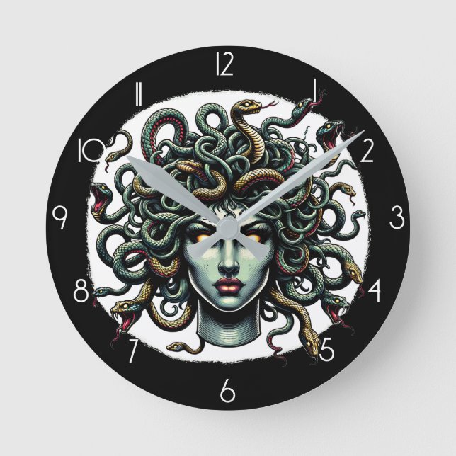 Green Gazing Medusa Kopf voller Schlangen Runde Wanduhr (Vorderseite)